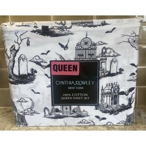 Cynthia Rowley Queen Sheet Set Halloween Haunted House Toile Spooky Gothic